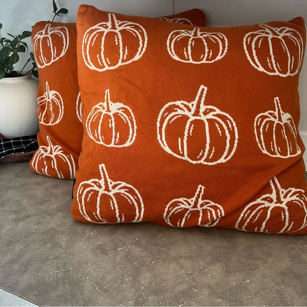Set of 2 Neutral Cream & White Decorative Throw Pillows – Modern Pumpkin Design